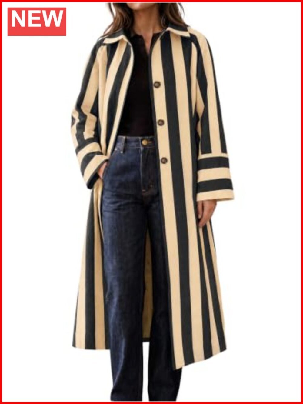 Striped Oversized Long Trench Coat Single Breasted Lapel Collar